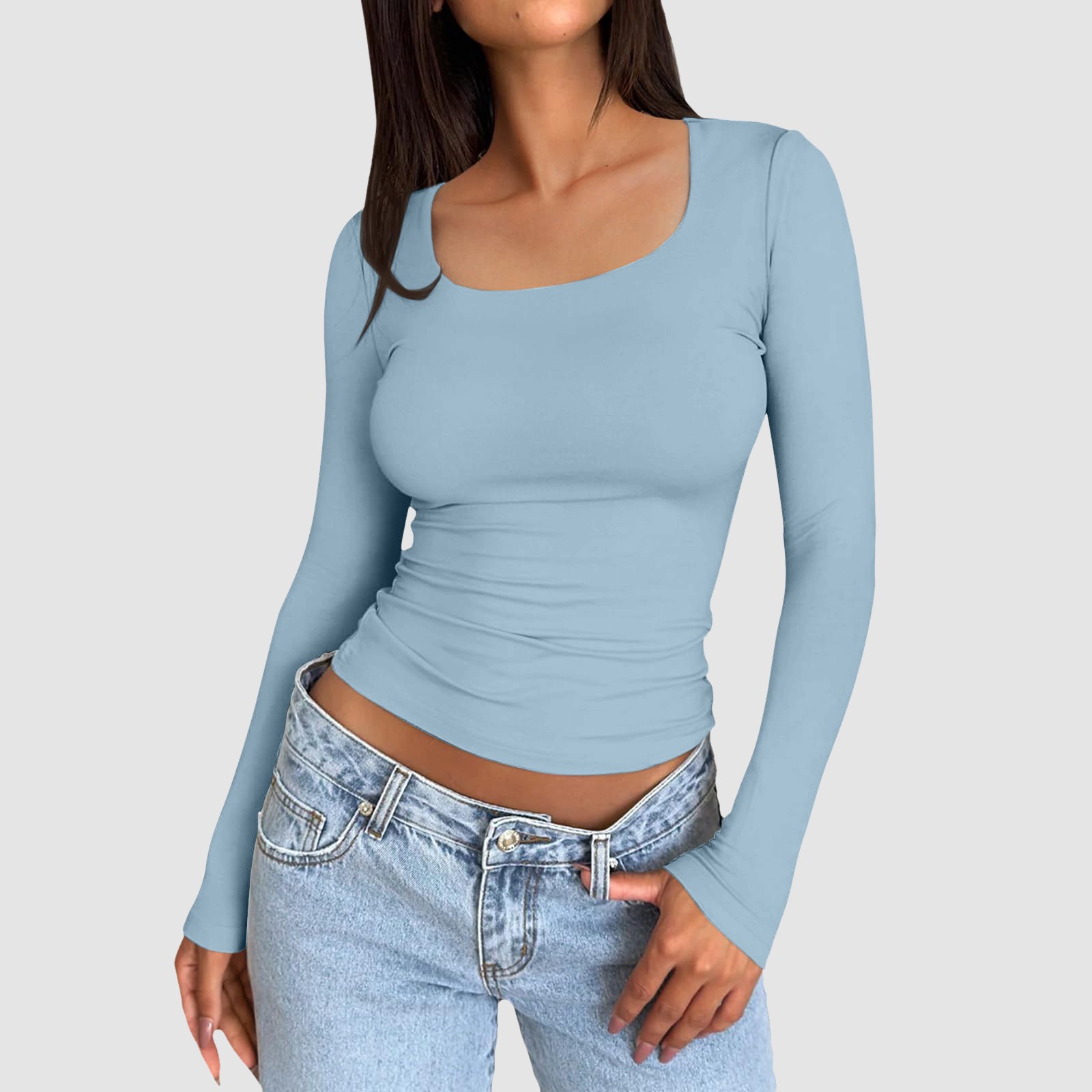 thumbnail image 2 of Tops ajustados para mujer: top corto de manga larga y cuello redondo, básico, ajustado, mezcla de poliéster, para entrenamiento/yoga/informal, tallas S-XL, 2 of 5